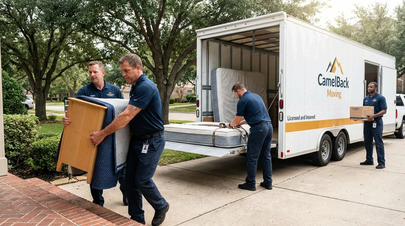 Crew loading residential truck for cross-state move from Quincy, CA