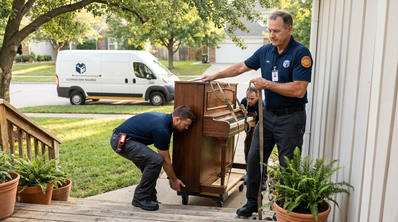 Licensed piano movers securing grand piano in Quincy, CA