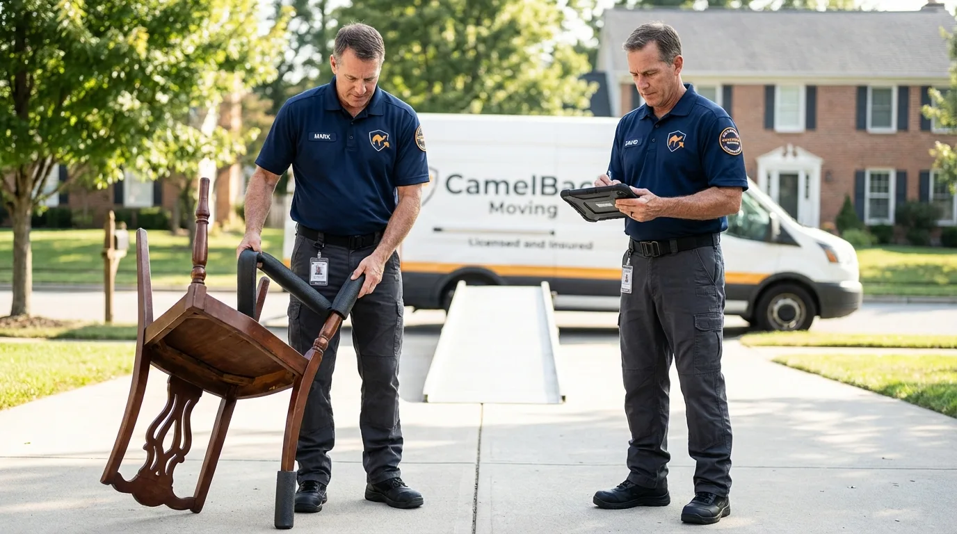 Movers inspecting furniture for damage prevention before loading in Quincy, CA