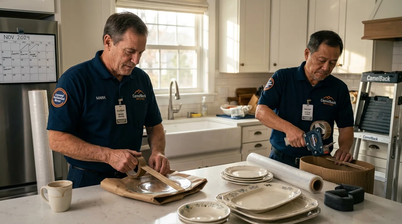 Professional crew packing kitchen dishware in Quincy, CA